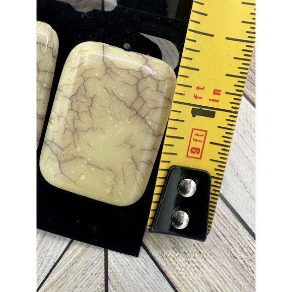 Vintage Pierced Earrings - Creamy White With Brown Enamel Rectangle - Picture 5 of 5